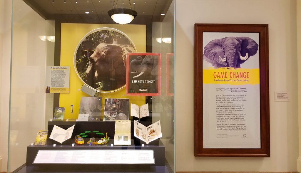 A text panel with an illustration of an elephant on it next to a display case containing books and other objects