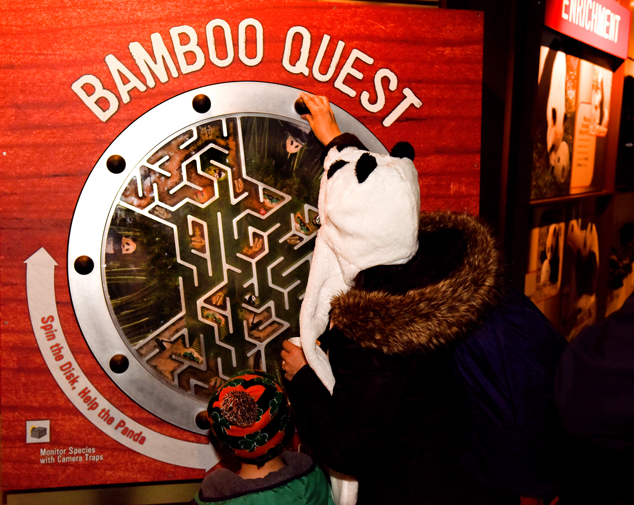 In the mechanical interactive, visitors guide a panda through the bamboo forests of China, avoiding problem areas, such as fragmented habitat, construction, and deforestation. 