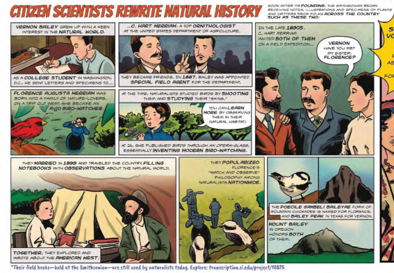 A comic panel about the scientific impact of Florence August Merriam and Vernon Bailey.