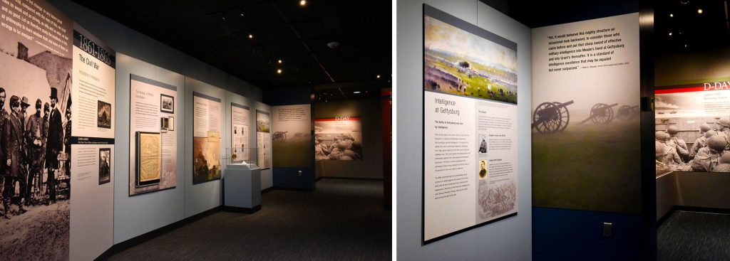 A series of graphic panels with images, text, and artifacts in a history gallery, exploring how military intelligence changed the course of wars. The examples include the Revolutionary War, the Civil War, and D-Day. 