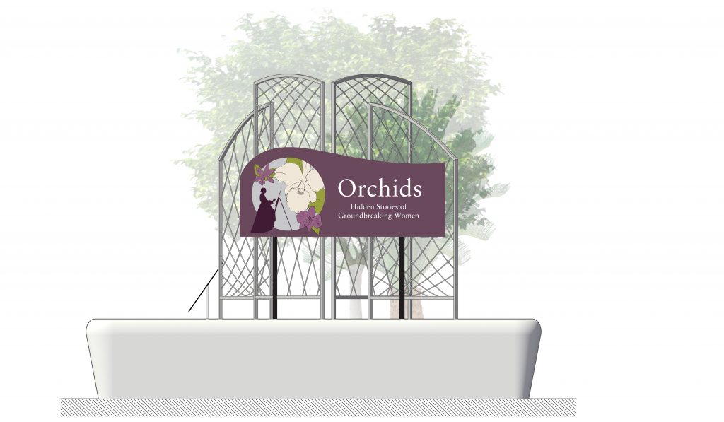 The metal trellises for the orchids in a concept elevation.