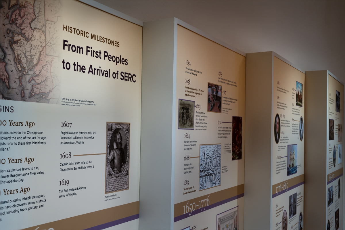 A timeline titled "Historic Milestones from First People to the Arrival of SERC" includes text and images.